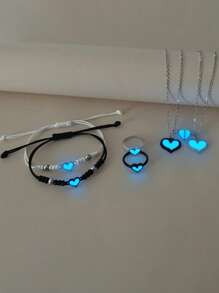 ATLVXJL 6pcs/Set Glow-In-The-Dark Heart Pendant Necklace, Bracelet, And Ring Set, Stainless Steel Magnetic Clasp Couple/Friendship Jewelry, Suitable For Everyday Wear And Valentine's Day Gift