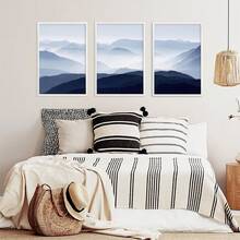3幅蓝山大型雾霭风景画，北欧艺术海报，卧室客厅家居墙壁艺术画（可选画框） - 彩色 - 查看 5