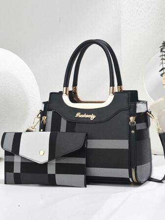 2 件全新奢华手提包女士拼接百搭斜挎包设计师品牌格子单肩包女士托特包