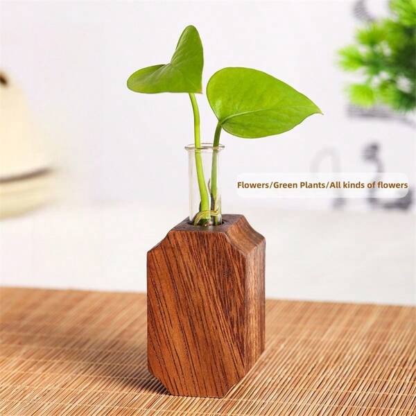 1 Stück/Nussbaum Blumen Utensilien, Glasreagenzglas Blumenarrangement Vase, massive Holz Glas Tisch-Deko, künstliche getrocknete Blumen Dekovase, Holz Vase für Zuhause, einfacher Holz Hydropflanzen Vase, perfekt für Schlafzimmer, Wohnzimmer, Esszimmerdekoration, Valentinstag, Hochzeit, Muttertag