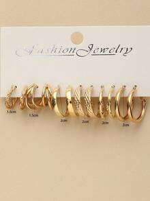 6 Pairs Minimalist Geometric Diamond Glossy Hoop Earrings Set - Gold - View 3