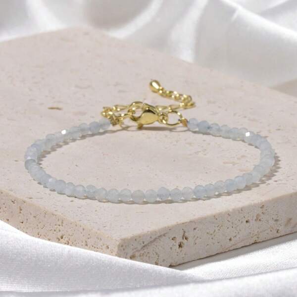 1 pieza Brazalete ajustable dainty de mujer con piedra natural de 3 mm, aguamarina, piedra del sol, diseño minimalista para uso diario, regalo de amistad