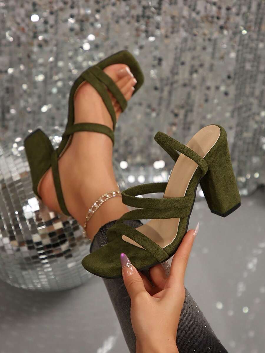 New Square Toe Women's Roman Thick Heel Women's Sandals With Straps, Classic High-Heeled Sandals - Green - View 1