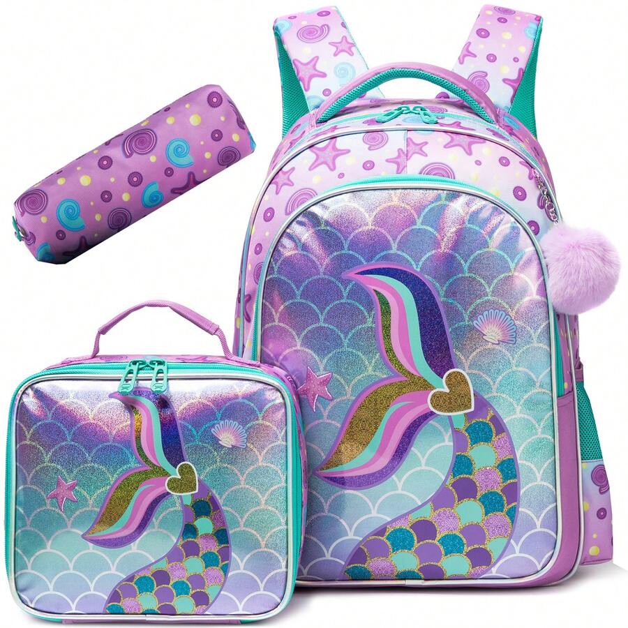 3PCS Girls Backpack Cute Backpack For Girls - 3 In 1 Set With Lunch Bag & Pencil Case - Ages 8-10 The Best Gift For Girls - Multicolor Girls Backpack 195 - View 1