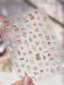 1 件 5D 美甲贴纸夏日海滩海洋水波纹闪光星星软浮雕装饰美甲贴花指甲饰品 DIY 美甲用品按压指甲