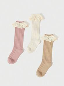 3 Pairs Kids Floral Lace Trim Solid Color Knee High Socks, Cute And Sweet For Girls' Everyday Wear, Spring/Summer - Multicolor - View 7