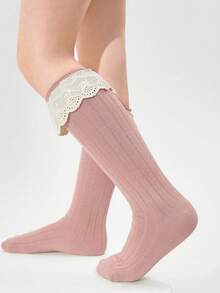 3 Pairs Kids Floral Lace Trim Solid Color Knee High Socks, Cute And Sweet For Girls' Everyday Wear, Spring/Summer - Multicolor - View 3