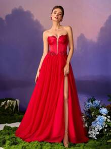 Vestido de gala de línea A sin mangas de gasa rojo minimalista, vestido de graduación para mujer, vestido de fiesta formal, vestido de noche de lujo, vestido de fiesta, vestido de invitada de boda