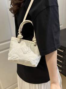 Mini Women Shoulder Bag, Embroidered 3D Butterfly Bucket Bag, Stylish Artistic Crossbody Bag For Women