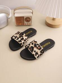 1 Pair Girls' Leopard Print Personalized Design Sandals, Soft & Comfortable, Spring/Summer Casual Beach Slippers - Black - View 5
