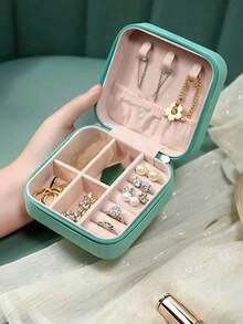 1个便携式旅行首饰收纳盒，PU皮革首饰整理盒，小型拉链首饰盒，多层耳环戒指收纳盒，化妆品收纳盒，首饰展示托盘，香水收纳盒，防水防氧化材质，保护戒指、耳环和项链，节日礼物，送她的礼物，适合教师使用 - 粉色 - 查看 14