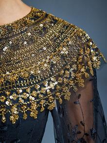 Anpoketnew 圆领花卉刺绣珍珠装饰晚礼服 - 黑色 - 查看 6