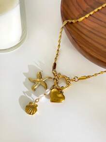 Monlansher Collana estiva in acciaio inossidabile da donna, ciondoli in stile bohémien con conchiglie, stelle marine e perle finte a più strati, elegante collana dorata di design di alta gamma, personalizzata