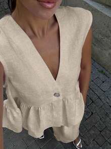 2pcs Women's Casual Elegant Linen Single-Breasted Vest And Pants Set, Suitable For Dates, Daily Wear, Parties, New Year, Street Style - Apricot - View 2