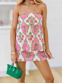 Women's 2 Piece Skirts Outfits Floral/Shell Print Strapless Tube Tops With Scarf Mini Skirts Clothes Set - Hồng - Xem 1