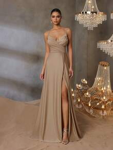 优雅女士超细吊带交叉领口曳地晚礼服 – 轻盈弹力针织面料，高开衩修身剪裁，适合婚礼、晚宴和正式场合，春季款 - 卡其色 - 查看 4