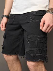 Men's Washed Blue Skinny Fit Stretch Cropped Jeans With Rips, Classic Blue Denim Casual Shorts For Men - Black - View 4