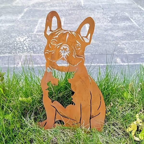 French Bulldog Metal Rustic Silhouette Outdoor Garden Art - Cast Iron Decorative Sculpture For Easter, Durable Weather-Resistant Lawn Ornament With Playful Design, Dog Decor, Decorative Garden Stakes