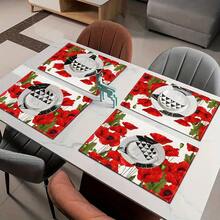 4pcs Set Poppy Flower Printed Linen Placemats - Woven Linen Rectangle Table Mats For Dining, Kitchen, Coffee Table, Dining Table Decor - Multicolor - View 10