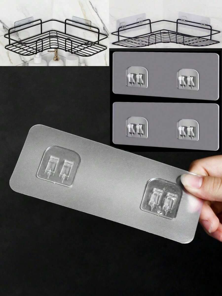 10pcs Seamless Card Clip Bathroom Shelf Storage Rack, Hole- Wall-Mounted Kitchen Organizer Hooks For Home Bedroom Closet Organization Waterproof Metal Holder