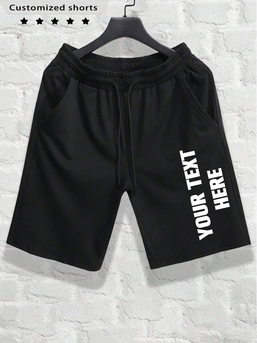 Personalized Text Customized Men's Shorts, Spring/Summer Versions, Customize Your Text/Name/Slogan/Fun Message/Blessing, Men's Black Casual/Sports Shorts, Suitable For Couples, Pranks, Surprise Gifts, Boyfriend Style Sportswear - Black - View 1