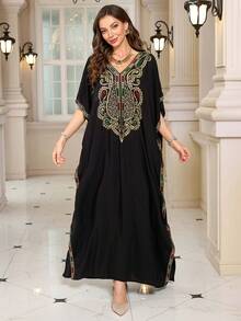 Bohemian Black Embroidery Kaftan 2025 Summer Plus Size Batwing Sleeves House Dress Vacation Outfits