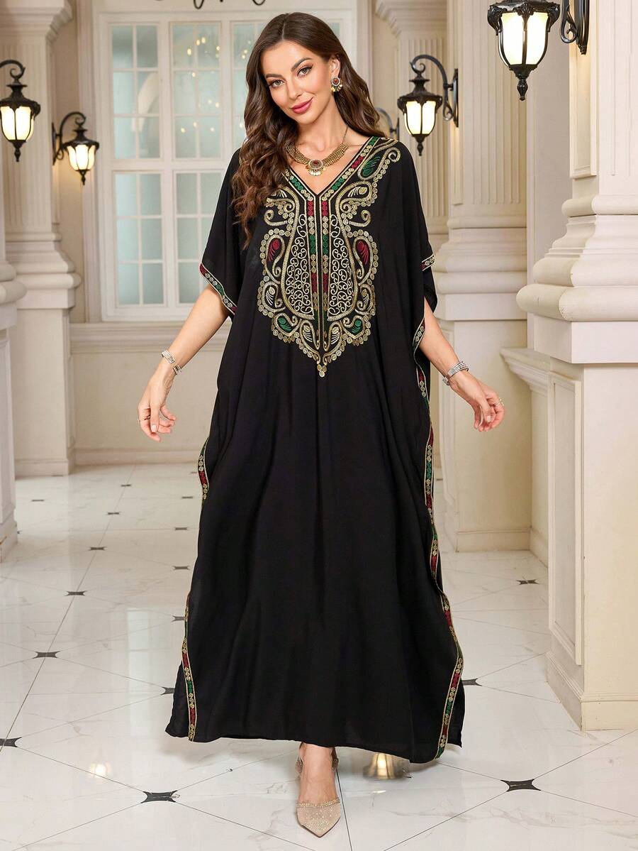 Bohemian Black Embroidery Kaftan 2025 Summer Plus Size Batwing Sleeves House Dress Vacation Outfits