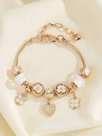 1pc Minimalist Fashion Rhinestone Hollow Heart, Clover, Pink Flower, Bee Pendant Bracelet, Fashionable Daily Wear For Teenagers