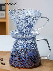 choxila 1 Stück 400ml (13,5 Unzen) Kaffeekocher mit blau-weißem Porzellanmuster, Kaffeetopf und Kaffeefilter mit Spitzenmuster, Glas-Kaffee-Kocher und Kaffee-Dripper, hitzebeständiges Glas Kaffee Geschenkset für den Haushalt