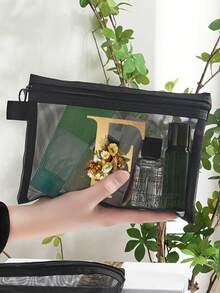 1个花卉金色字母印花网眼化妆包，理想的旅行洗漱用品收纳包，防止潮气积聚，化妆包，旅行必备 - 彩色 - 查看 5