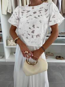 女士时尚优雅花卉蕾丝镂空圆领上衣，夏季