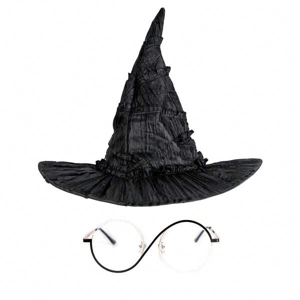 Halloween Witch Ruffle Hat & Glasses Costume, Party Makeup Festival Headdress & Eyewear Pumpkin Vampire Costume Autumn