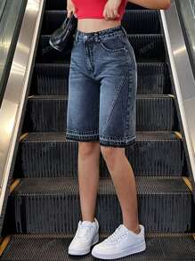 Women's Casual Washed Loose Pocket Rib Detail Mid-Length Denim Shorts