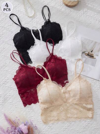 DORSU 4pcs Lace Sexy Camisole With Removable Pads, Wireless, Light-Blocking, Criss Cross Strap, Patchwork Design