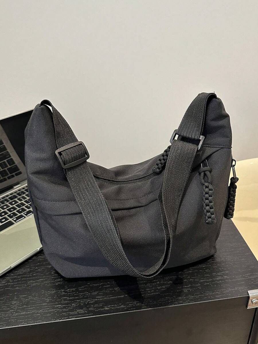 Casual Minimalist Crescent Zipper Shoulder Bag, Solid Color Versatile Crossbody Bag - Black - View 1