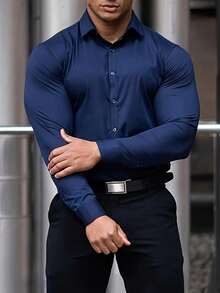 Men's Long-Sleeved Shirt In A Simple Solid Color, Casual For The Office, Slim Fit, High Quality, Contains Elastane, Suitable For All Seasons. - Màu xanh hải quân - Xem 1