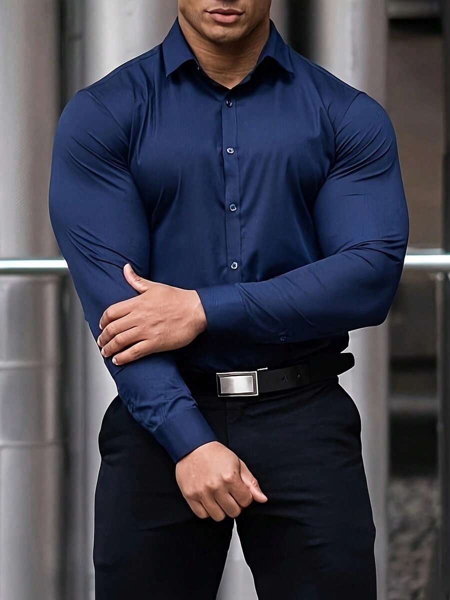 Men's Long-Sleeved Shirt In A Simple Solid Color, Casual For The Office, Slim Fit, High Quality, Contains Elastane, Suitable For All Seasons. - Màu xanh hải quân - Xem 1