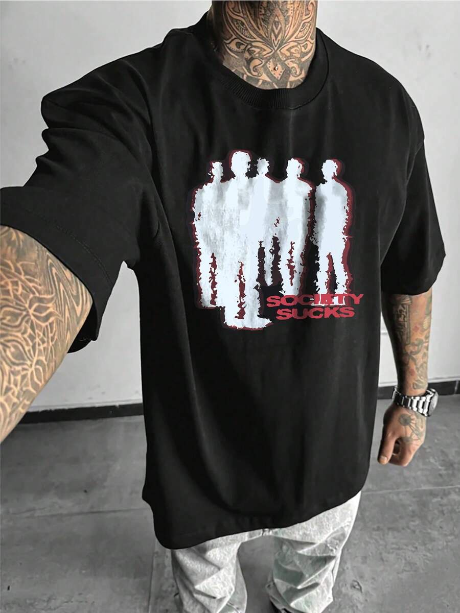 Camiseta de algodón 100% de peso pesado de 220g inspirada en el estilo punk "La sociedad apesta" - Negro - Ver 1