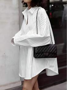 New Relaxed Vertical Striped Shirt, Oversized Mid-Length Boyfriend Style Long Sleeve Blouse For Casual Commute