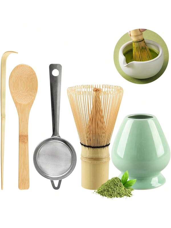 5 Stücke Matcha Quirl Set - Matcha Schale und Bambus Matcha Quirl, Teefilter, Löffel, Sieb, Quirl-Halter, perfektes Starterset für die Matcha-Tee Zeremonie (Grün) Semesteranfang