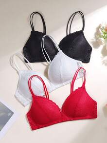 3pcs/Set Teenage Girls' Lace Bras With Adjustable Straps, Breathable & Comfortable, Suitable For 13-16 Years Old