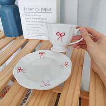 Ins 风格白色红色蝴蝶结图案杯子，微波炉适用陶瓷杯，咖啡杯，茶杯带碟套装 - 蝴蝶圖案 杯碟套裝 - 查看 7