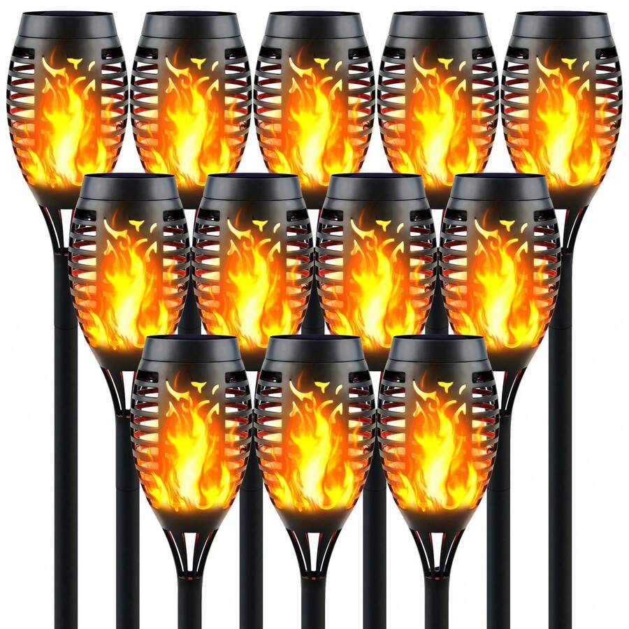 12-Pack Solar Torch Lights With Flickering Flame - 12LED Mini Fire Effect Solar-Powered Tiki Torches, Waterproof Outdoor Lighting With Auto On/Off, Perfect For Garden, Patio & Pathway Decor, Christmas Decorations, Christmas Decor - Màu Cam cháy - Xem 1