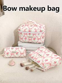 3pcs/1pc Quilted Bowknot & Rose Design Makeup Bag, Fashion Portable Cosmetic Pouch, Pink Makeup Case, Multi-Functional Organizer Bag, Large Capacity Cute Toiletry Bag, Travel Organizer, Mini Brush Holder Handbag, Printed Wash Bag For Lipstick, Brush, Skincare, Phone, Coins, Small Items, For Home, Gift, Holiday And Festival Like Halloween, Christmas