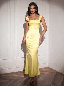 PARTHEA Off Shoulder Ruched Satin Elegant Dress - Yellow - View 3