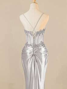 Rolarold 新年优雅吊带奢华亮片蕾丝鸡尾酒会吊带正式礼服，开衩大腿，女士晚礼服，情人节 - 銀色 - 查看 7