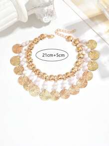 1pc Boho Personalized Exaggerated Beaded Retro Coin Anklet, Suitable For Beach Vacation Wear