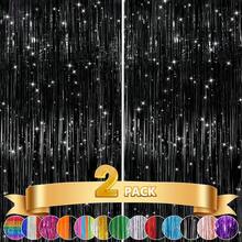 2Pack Silver Metallic Tinsel Foil Fringe Curtains, Door Streamer Photo Booth Backdrop Birthday Wedding, Graduation Engagement Bridal Shower Bachelorette Party Decorations Dancing Ball Party - 黑色 - 查看 1