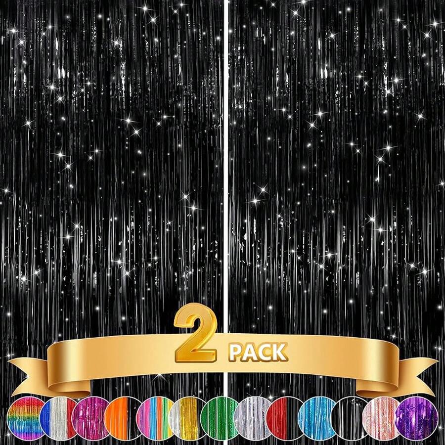 2Pack Silver Metallic Tinsel Foil Fringe Curtains, Door Streamer Photo Booth Backdrop Birthday Wedding, Graduation Engagement Bridal Shower Bachelorette Party Decorations Dancing Ball Party - 黑色 - 查看 1