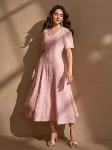 Elegant V-Neck Beaded Puff Sleeve A-Line Luxury Fashion Midi Dress For Women - Pink - View 8
